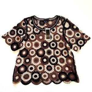 Design History Crochet Lace Top Women's L Brown Beige Retro Boho Floral Scallop